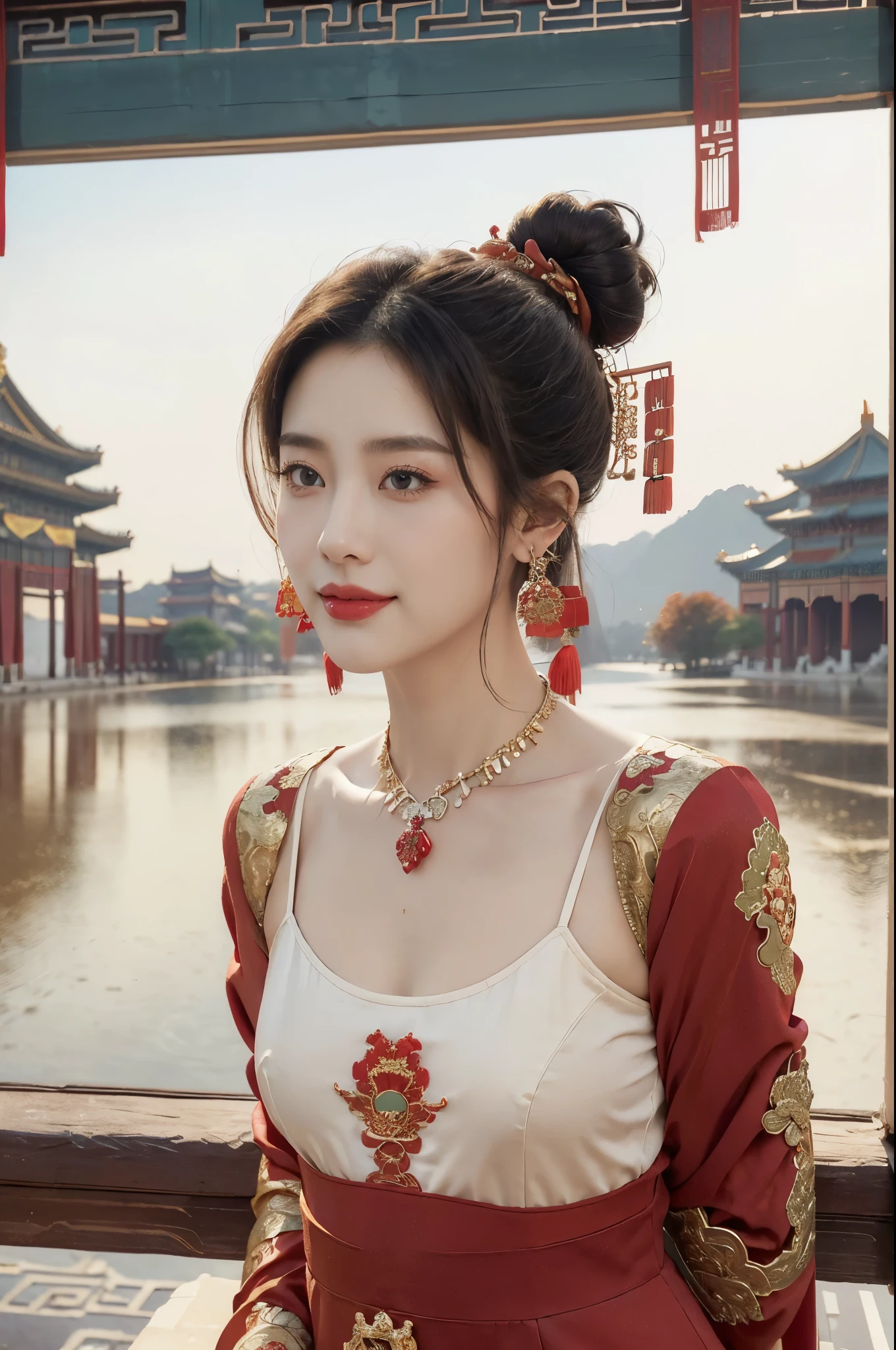 ((Realistic lighting, Masterpiece: 1.3)), (raw photo:1.2), Hyperrealist portrait gorgeous Beautiful tribal Chinese leader, mature woman, 40 years old, Milf, beautiful serious face, wrinkled face, beautiful detailed charming eyes, (pretty big breasts: 1.1), ((tribal red cape: 1.1), (tribal red mix gold strapless), (red tribal dress)), tribal loincloth, (tribal jewelry, tribal necklace, tribal diadem circlet), native American attire, tribal Palace background, legendary style, epic style, full body, (sit on throne: 1.2, tribal Palace background), professional photography, font view, very detailed faces, (garnet red lips, subtle makeup: 1.3), chignon hairstyle, full body, Best quality, 8K, colorful style