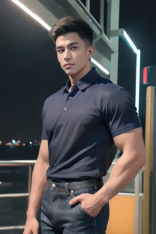 (Arm face:1.3) , Handsome young man standing, (With a mustache:0.8) , (short hair:1.2), Well-developed forearm muscles., (Button-collar shirt:1.2), (Navy blue shirt:1.2),jeans, Big muscles, Handsome and muscular, Full body angle, (In front of department store:1.1), , (at night:1.3), Neon lights