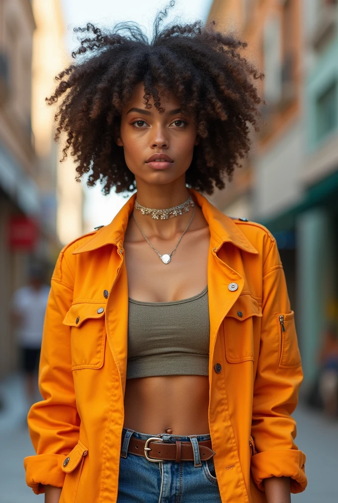 Une femme avec une afro orange marchant