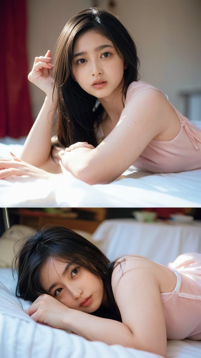 ((((detailed explanation)))),(((masterpiece、Highest quality、Very detailed:1.42、Focus on the eyes)))、Female in her late s、Portraiture、Blurred cityscape at dusk、Silhouette of buildings and street lampedium length dark brown hair、natural wavy curls、The wind is blowing softly、Hair falls down the side of the face、Skin is smooth、Healthy olive color、The tan lines are faintly visible、Natural redness on the cheeks、I have a few small laugh lines on my forehead.、Eyes with dark brown irises、The pupil is shining, Reflect light、Long curled eyelashes、Accentuate the eyes、Eyebrows are thin and trimmed、Natural Arch、Small Nose、straight、straight nose、lips are plump、soft pink lip gloss、Ultra-thin camisole、Barefoot and bare legs、A simple silver bracelet on her right wrist、A small diamond earring sparkles in her left ear...、The expression is calm、Be confident、smile、(((Emphasize the contrast between light and shadow)))、Realistic textures and facial details