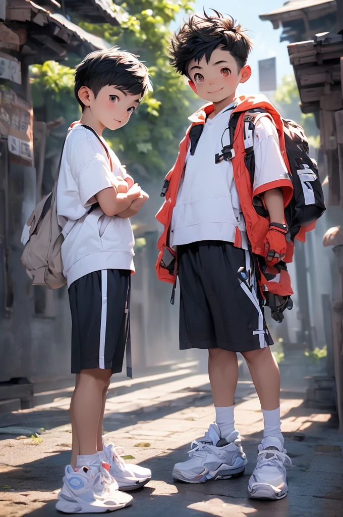 (Shota:1.5),(((Highest quality))),(((masterpiece))),(((Very detailed))),(((High resolution))),One person,gym uniform,White socks,Blue sneakers,Cheerful boy,Japanese,Very Short Hair,Black Hair,(Point pupils),Skinny body,Baby Face,smile