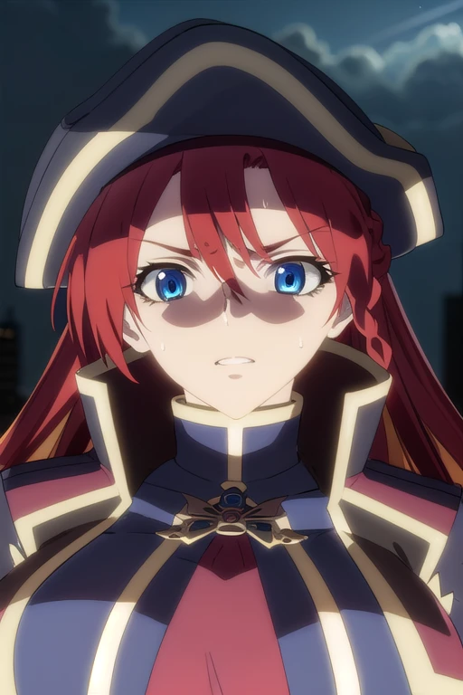 selesiaupitiria, selesia upitiria, long hair, blue eyes, braid, red hair, multicolored hair, twin braids, two-tone hair, big breasts, muscular body, blush, sweat, parted lips,
(black pirate long-coat uniform), long-sleeves, (red ascot), epaulettes, (black wide-brim pirate hat), black hat,
outdoor, city, night, sky, buildings, moon, clouds, (very dark),
looking at viewer, facing the viewer, (close-up),
(masterpiece:1.2), best quality, high resolution, unity 8k wallpaper, (illustration:0.8), (beautiful detailed eyes:1.6), extremely detailed face, perfect lighting, extremely detailed CG, (perfect hands, perfect anatomy)