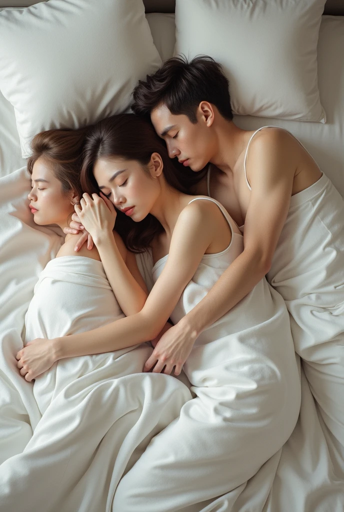 Asian woman having intimacy with multiple men at once on a bed