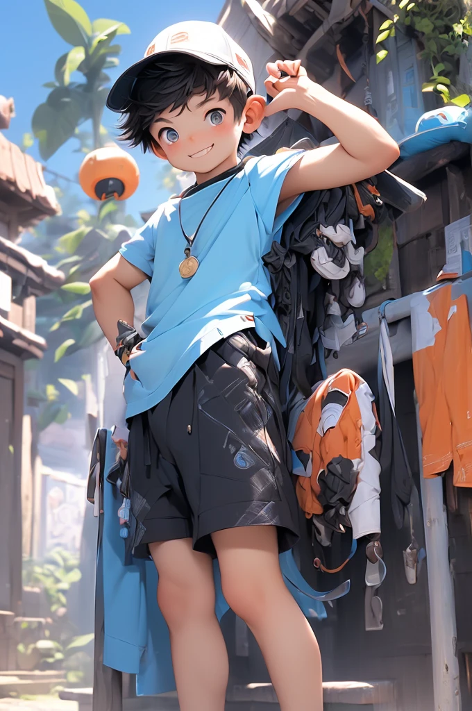 (Shota:1.5),(((Highest quality))),(((masterpiece))),(((Very detailed))),(((High resolution))),One person,White short-sleeved T-shirt,Short shorts,gym uniform,White socks,Blue sneakers,Cheerful boy,Japanese,Very Short Hair,Black Hair,(Point pupils),Skinny body,Baby Face,smile