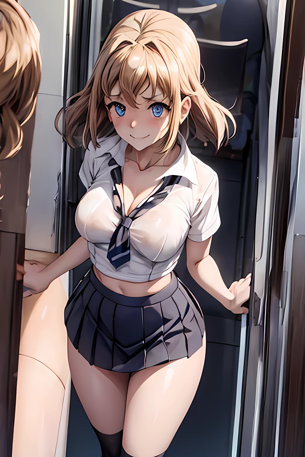 Masterpiece, best quality, official art, 8k wallpaper, very detailed, illustration, small 1girl, grinning, blonde hair, wide hips, (huge breasts), sailor top, backpack, standing, (view from behind), bratty, inside train, bratty girl, teasing, by asanagi, underboob, upskirt view, skirt, thong, egg vibrator in pussy, vibrator, pussy juice,