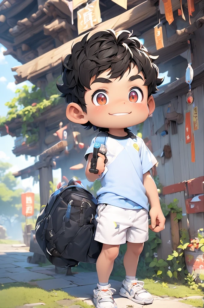 (Shota:1.5),(((Highest quality))),(((masterpiece))),(((Very detailed))),(((High resolution))),One person,White short-sleeved T-shirt,Short shorts,gym uniform,White socks,Blue sneakers,Cheerful boy,Japanese,Very Short Hair,Black Hair,(Point pupils),Skinny body,Baby Face,smile