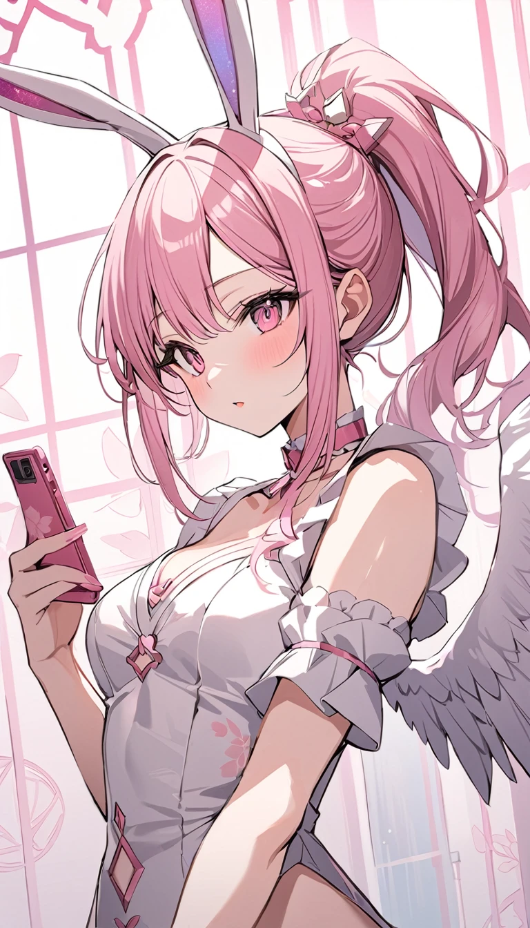 ,playing mobile game々）, sexy innocent angel girl, pink heart shaped choker, (masterpiece, highest quality), official art, beautiful and aesthetic: 1.2), (1 girl), very detailed, (geometry art: 1.3), pink colorful、silver pink long bun hair、bunny ear、 whole body, angel wings, ta