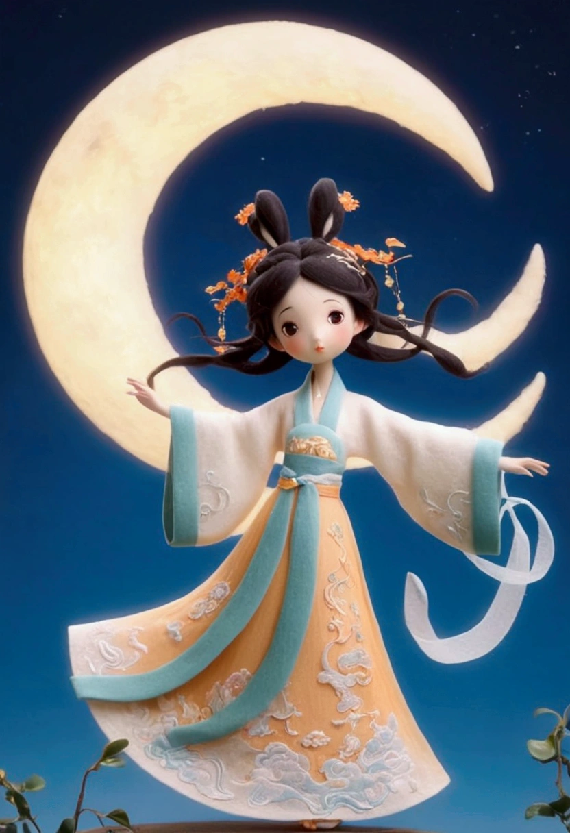 Felt style，full-body,3D rendering, C4D, cartoon illustration style, cute,big eyes,Dancing in the air,Look at the screen,a in ancient Chinese-style costume, wearing an orange and white long dress with a phoenix pattern on the sleeves,Dancing in the sky under the moon,Skirts and ribbons are flowing gracefully ,Two white rabbits are watching the moon from the osmanthus tree, and osmanthus flowers are hanging all over the branches of the tree，Felt style