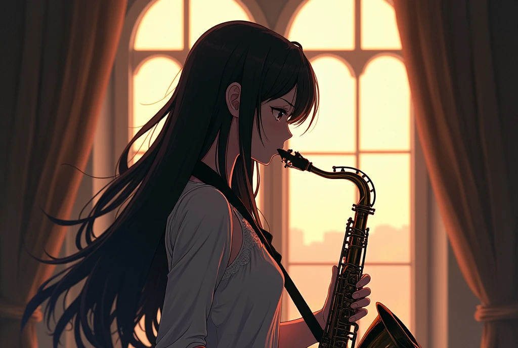 high resolution。High resolution、Low - Angle、masterpiece、Beautiful black-haired girl、17 years old、Round eyes、Playing the Trumpet、miniskirt and knee socks。sweating、high resolution8K