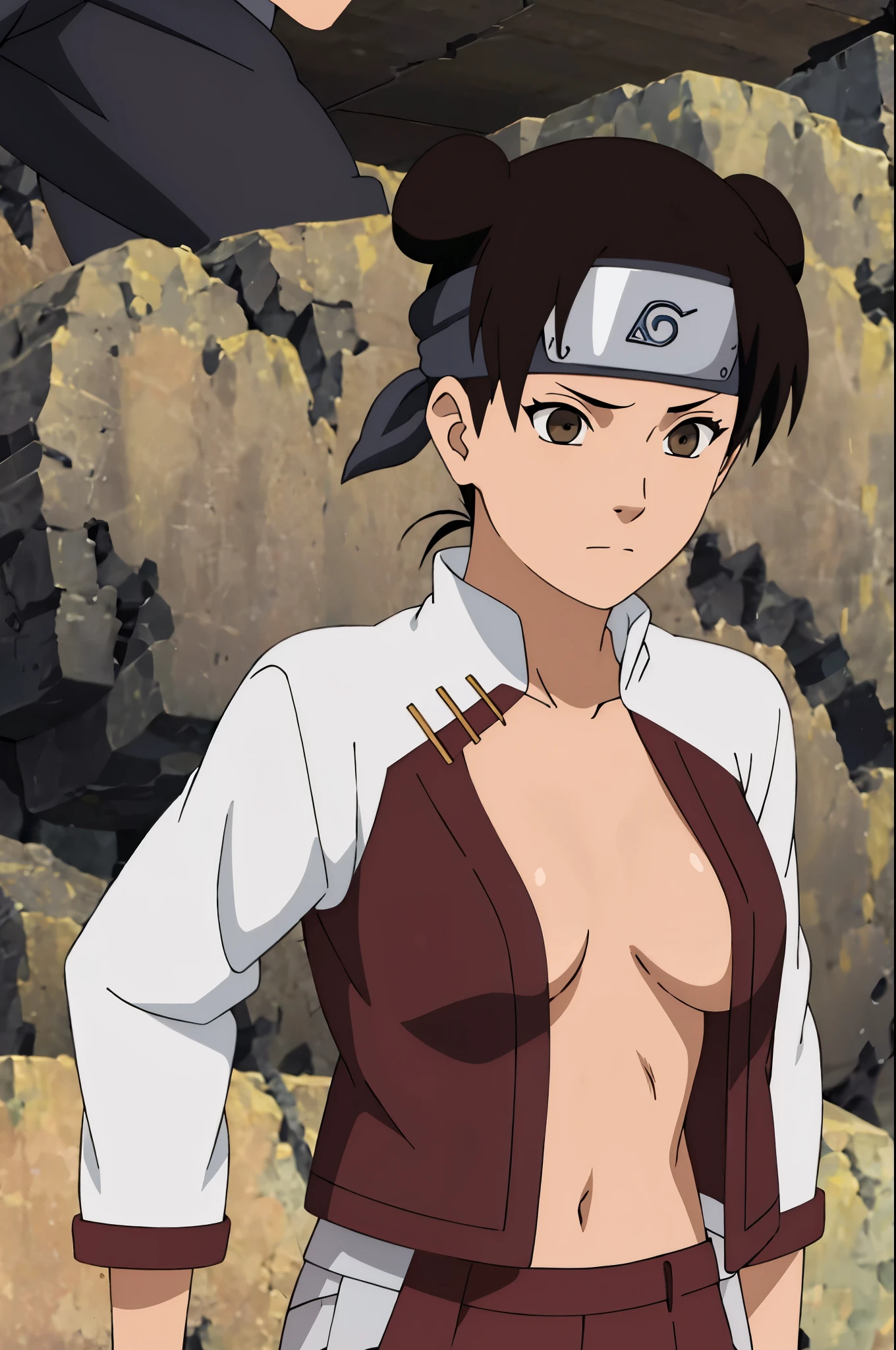 masterpiece, focus,TenTen\(Shippuden\), 1girl, open shirt showing breasts wearing bandana