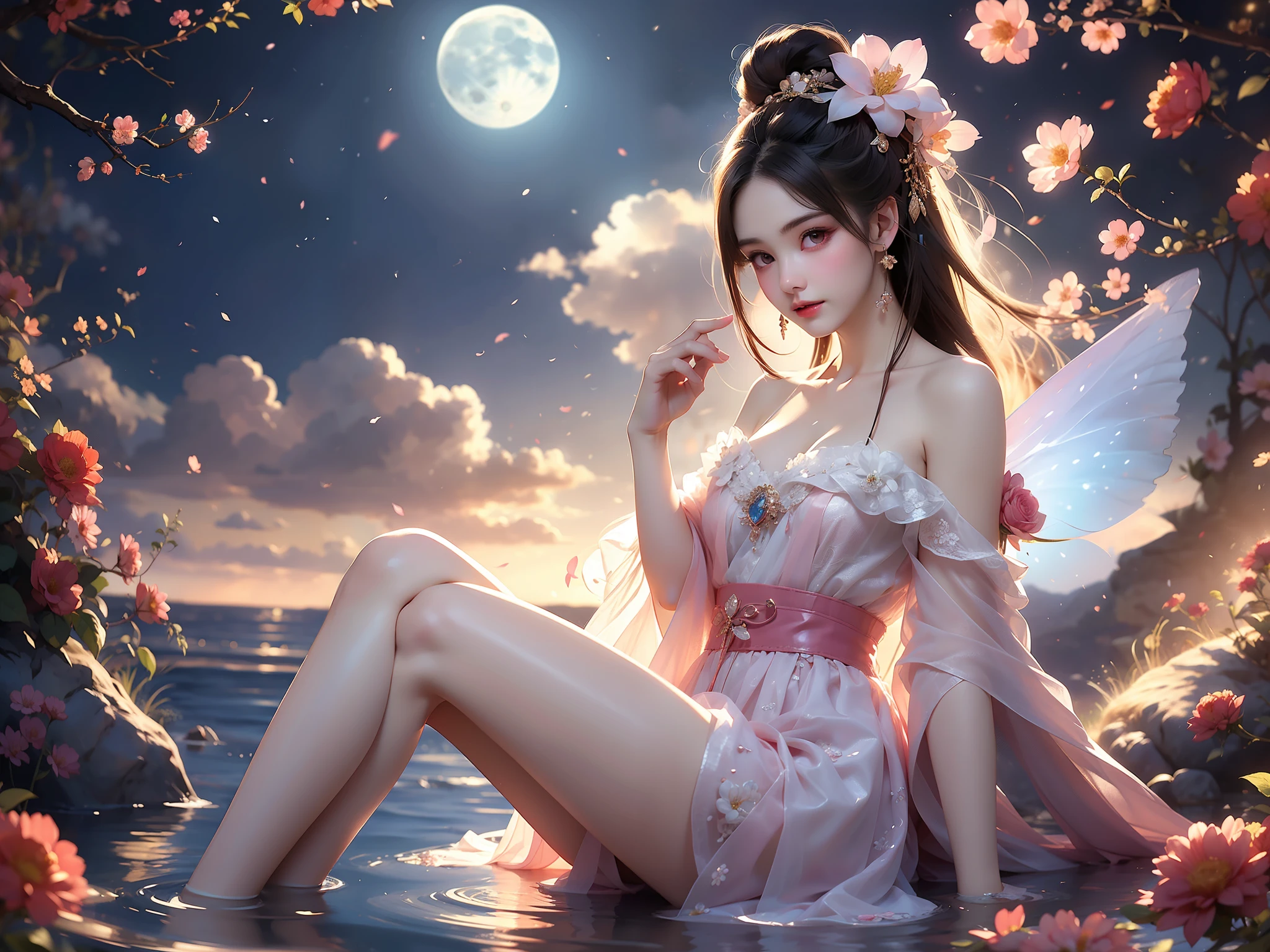 chang_e
hanfu
moon, (High quality details), 1 Girl, solo, Young women, Elegant Posture, ((night, moonlight)), (Female figure，Lie flat in the water，Relaxed expression), (Focus on natural body posture and correct anatomy:1.3), (Perfect leg proportions:1.3)，(True and accurate leg shape:1.2), ((Natural leg position)), The skirt is very short, One hand stroked the hem of the skirt, Lift the hem of the skirt, Bare shoulders, Natural posture, Soft expression, Exquisite makeup, Soft blush, Bright Eyes, Soft lips, Flower fairy style, ((Anatomically accurate)), (Real natural legs), Smooth skin, Soft lighting, high resolution, 8K Ultra HD, Clear focus, Professional photography effects, Random elegant scenes, Multi-angle shooting