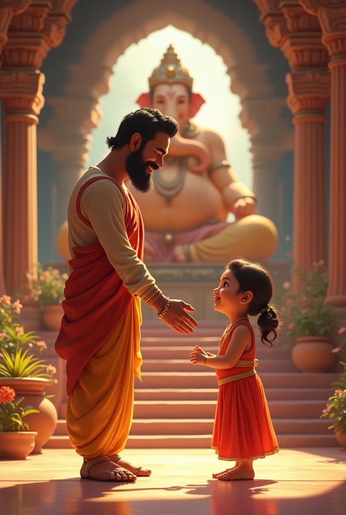 In cinematic cartoon 3d style 
Big size lord Hanumanji is seen handing a ring to a sorrowful Sita, who is sitting under a tree in the Ashok Vatika, surrounded by beautiful flowers but looking distressed. Sita is a lady 

