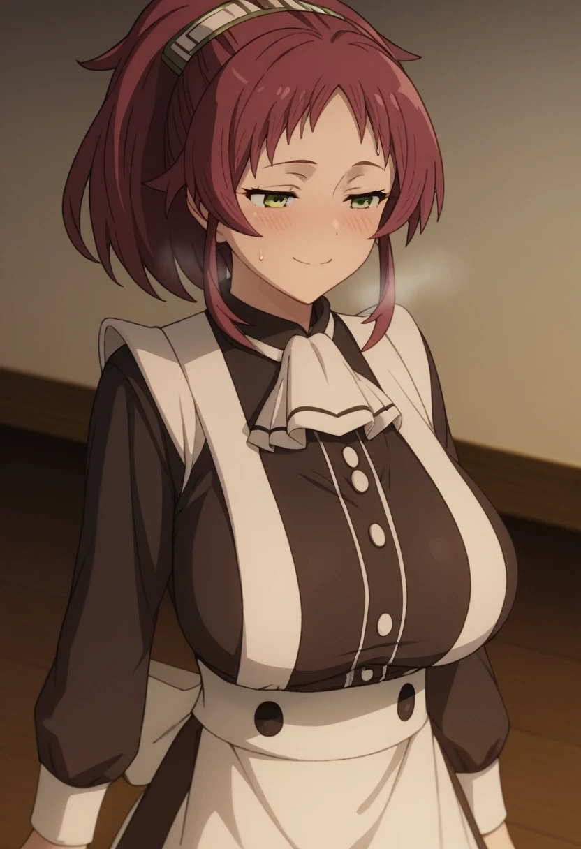 Huge breasts、blush、Sweat、In the heat、aisha greyrat, green eyes, ponytail, red hair、long sleeves, apron, maid, ascot, white apron, white ascot、
{Highest quality}, {so beautiful}, {Very detailed}, {Best illustrations},Life、slim:1.5、Are standing、smile、Half-closed eyes