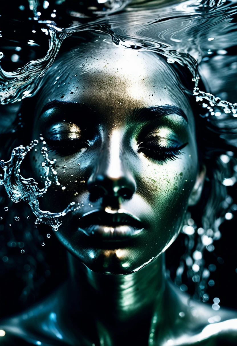 Digital painting of the full-length silhouette of a beautiful, beautiful and unique French model, perfect face, dark brown eyes and long cascading hair. Around it an eruption of transparent, clear and bright water particles occurs that spread into the void in all directions. Very intense and nuanced black background, very intense and dark that contrasts and accentuates the beautiful silhouette of the beautiful model. Color background that contrasts significantly with the image and highlights the joy of living. mysticism+coherent and ultrarealistic

