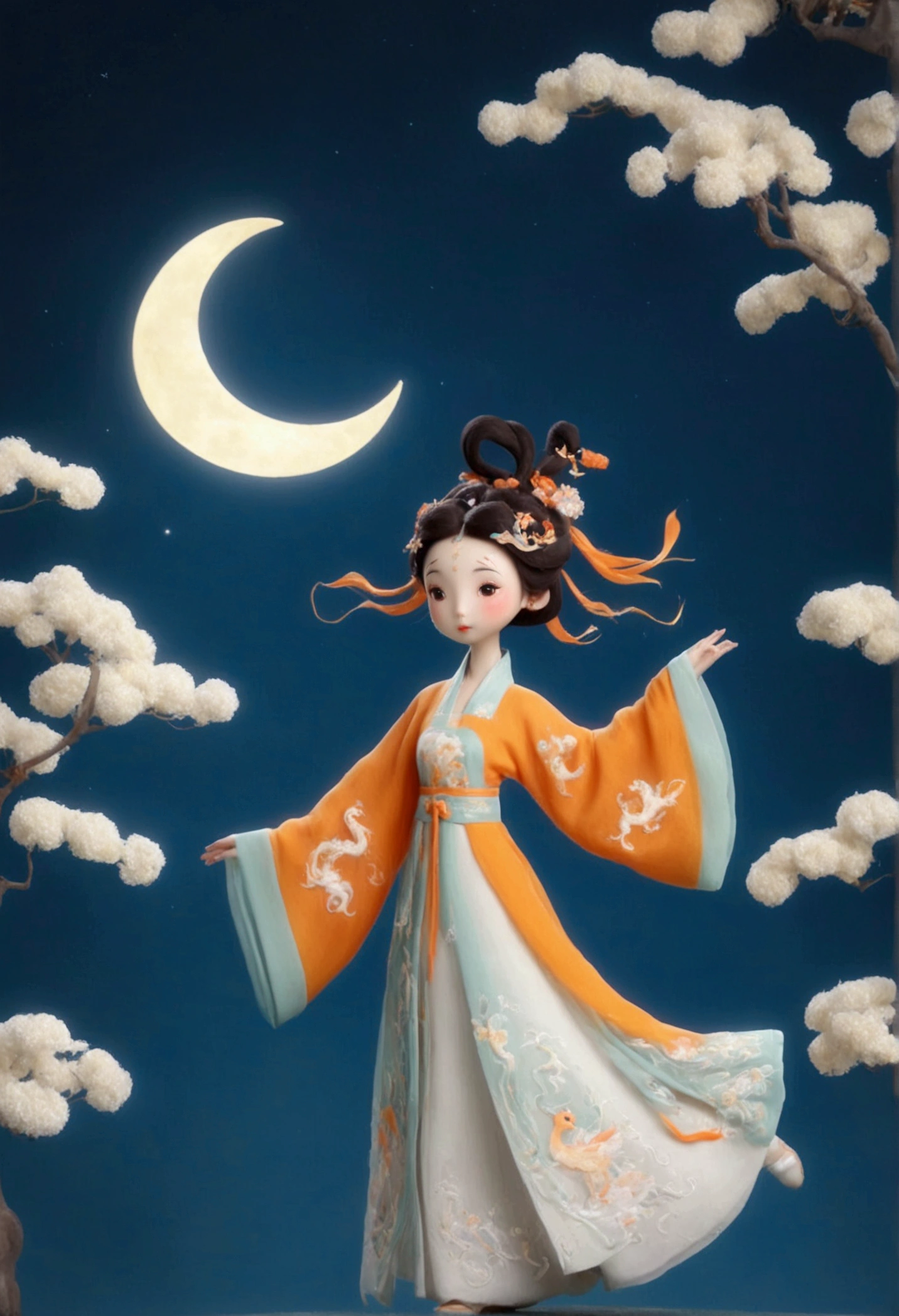 Felt style，full-body,3D rendering, C4D, cartoon illustration style, cute,big eyes,Dancing in the air,Look at the screen,a in ancient Chinese-style costume, wearing an orange and white long dress with a phoenix pattern on the sleeves,Dancing in the sky under the moon,Skirts and ribbons are flowing gracefully ,Two white rabbits are watching the moon from the osmanthus tree, and osmanthus flowers are hanging all over the branches of the tree，Felt style，Traditional Chinese architecture