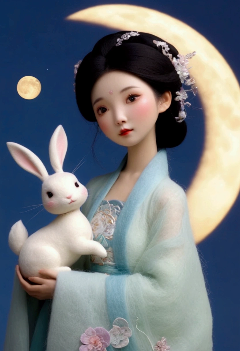 Felt style，a stunning Chinese beauty dressed in elaborate Hanfu attire. the girl hold a white Rabbit in her arms. background is The round and brigh moon, casting a celestial glow on the scene. The Hanfu dress should be rich in color and detail, exuding a sense of traditional elegance,in the style of dynamic animered threads,romatic,dreamy,ultra-realistic,ultra-detailed. best quality, ultra detailed, 8k，Felt texture