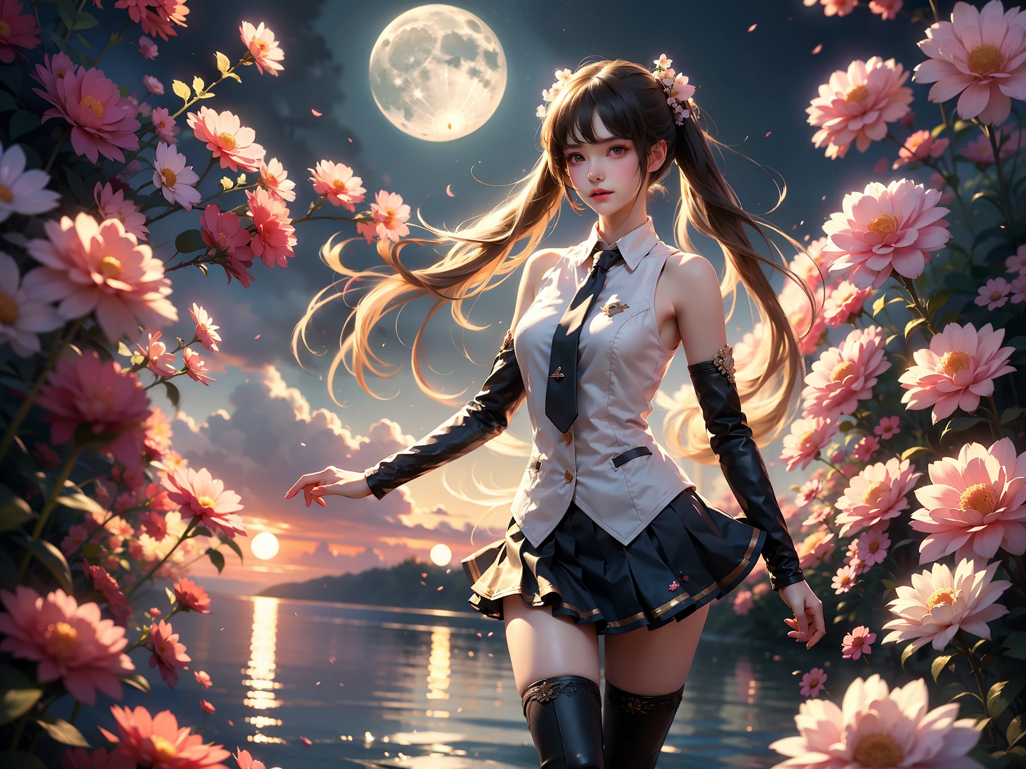 miku outfit
sleeveless shirt, grey shirt, detached sleeves, necktie, arm tattoo, skirt, thighhighs, thigh boots,, (High quality details), 1 Girl, solo, Young women, Elegant Posture, ((night, moonlight)), (Female figure，Lie flat in the water，Relaxed expression), (Focus on natural body posture and correct anatomy:1.3), (Perfect leg proportions:1.3)，(True and accurate leg shape:1.2), ((Natural leg position)), The skirt is very short, One hand stroked the hem of the skirt, Lift the hem of the skirt, Bare shoulders, Natural posture, Soft expression, Exquisite makeup, Soft blush, Bright Eyes, Soft lips, Flower fairy style, ((Anatomically accurate)), (Real natural legs), Smooth skin, Soft lighting, high resolution, 8K Ultra HD, Clear focus, Professional photography effects, Random elegant scenes, Multi-angle shooting