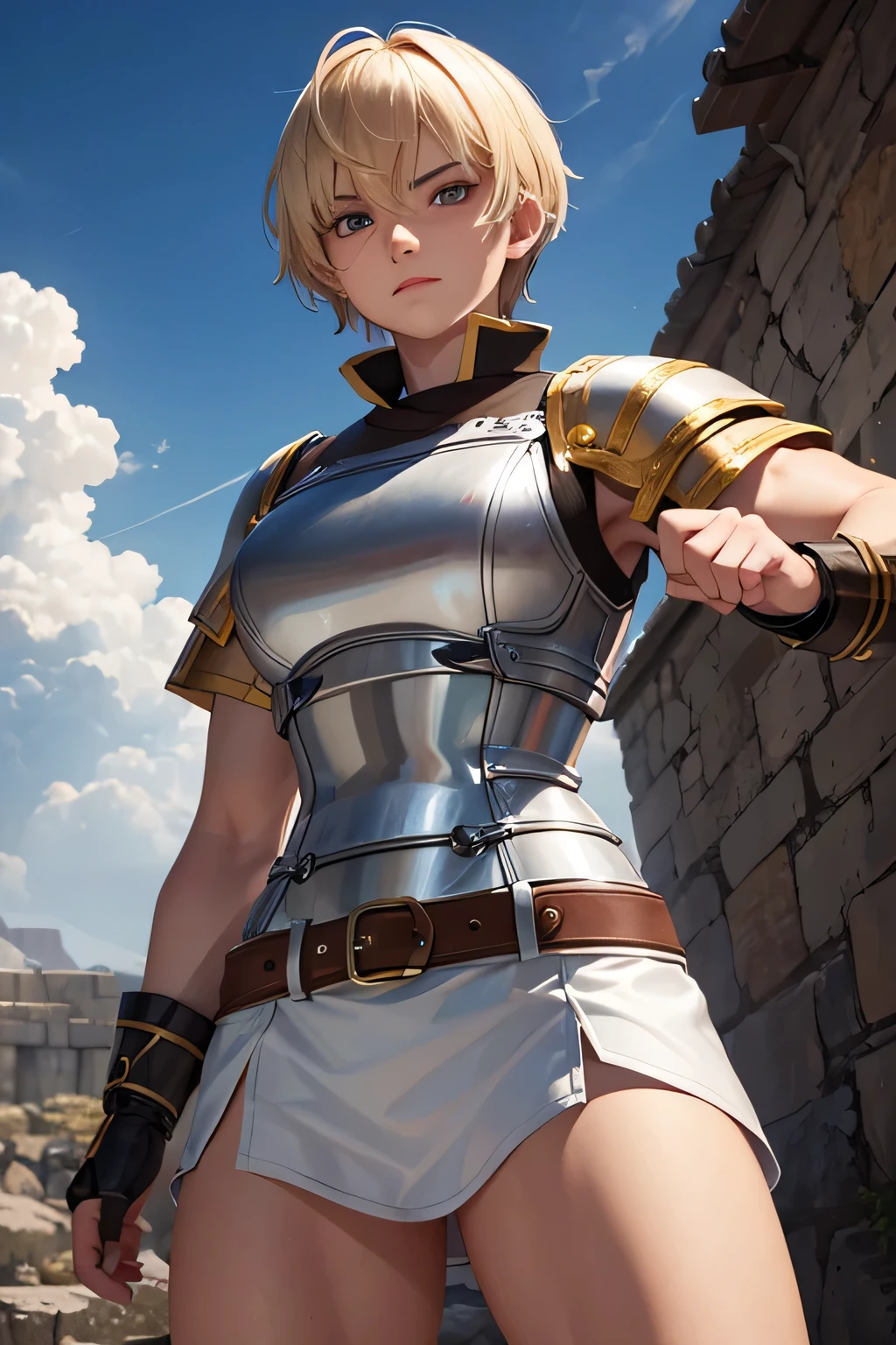 A muscular, short blonde-haired, brown-eyed warrior in a knight training school uniform, confident and battle-ready."woman