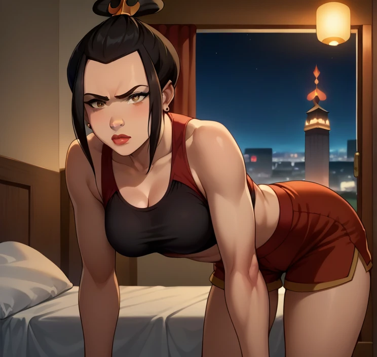 score_9, score_8_up,score_7_up, source_anime, 1girl, solo, Azula
, brown eyes,black hair, very long hair,medium breasts, perfect body, nice body, curvy,ear piercing, (all black sports bra,shorts),bedroom, at a dark room, at night , city view from the window,Bob Cut, 