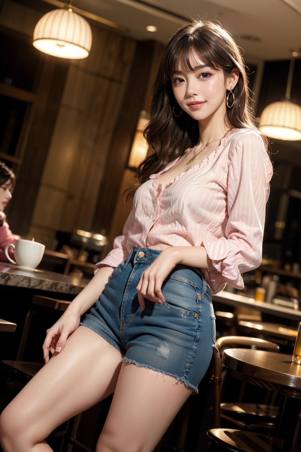 Sophisticated, masterpiece, beautiful details, colorful, fine details, delicate lips, intricate details, big breasts, 1 female, (a beautiful 20 year old cute Korean female: 1.1), (kpop idol, mixed Korean), ( 50mm Sigma f /1.4 ZEISS lens, F1.4, 1/800s, ISO 100, photograpy:1.1), (ponytail+black hair:1.2), (photorealistic:1.4), (spy:1.2), (open jacket, shirt, skirt, tie, black pantyhose, christian louboutin\(brand\),: 1.3), earrings, necklace, armband, (tavern, bar: 1.2), (beautiful legs, tall girl, skinny, slim_legs, thigh_gap, model :1.2), lens flare, viewed from the front, (happy smile: 1.1), dynamic pose, (makeup: 1.2), sitting on a bar stool,