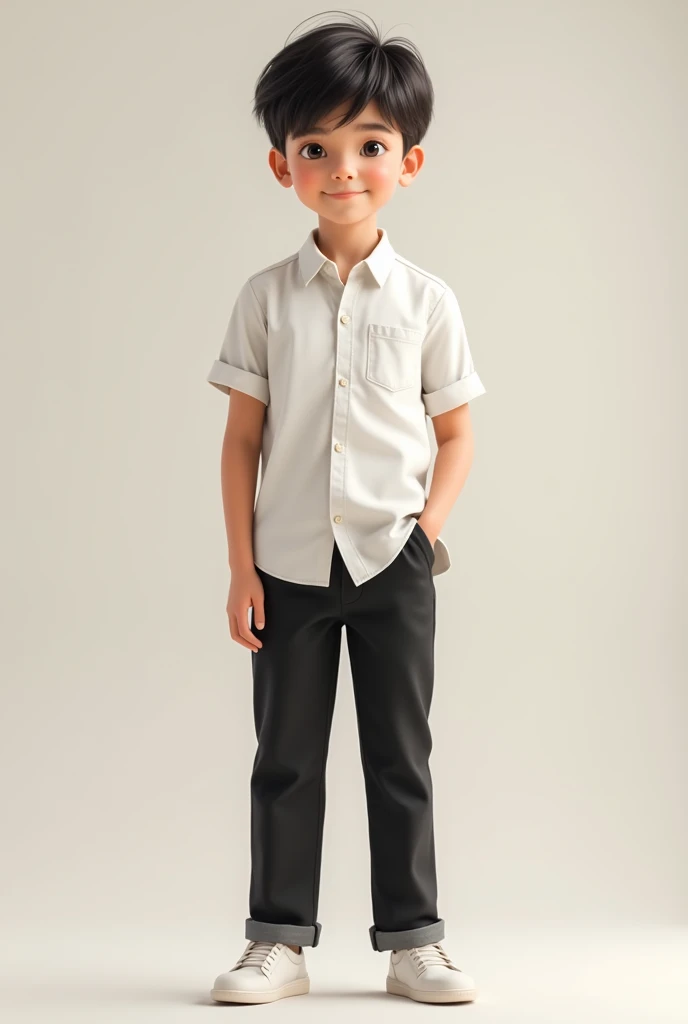 A boy wearing dark grey pant and white shirt and white sneakers casual wearing