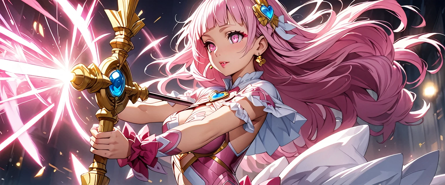 (Perfect Anatomy)、Mastepiece、Ultra High Quality、 8K、masterpiece、Highest quality、Ultra-high resolution、Maximum resolution、Very detailed、Professional Lighting、anime、woman、thin、so beautiful、Highly detailed eye、Highly detailed face、Golden earrings、Pink Hair,、Pink eyes, upper arm pink armor, white leotard, pink pattern, grassland, whole body, magical girl, Angel Girl, fighting pose, holding a luxurious magic wand in hand, (((big magic wand))), sweat