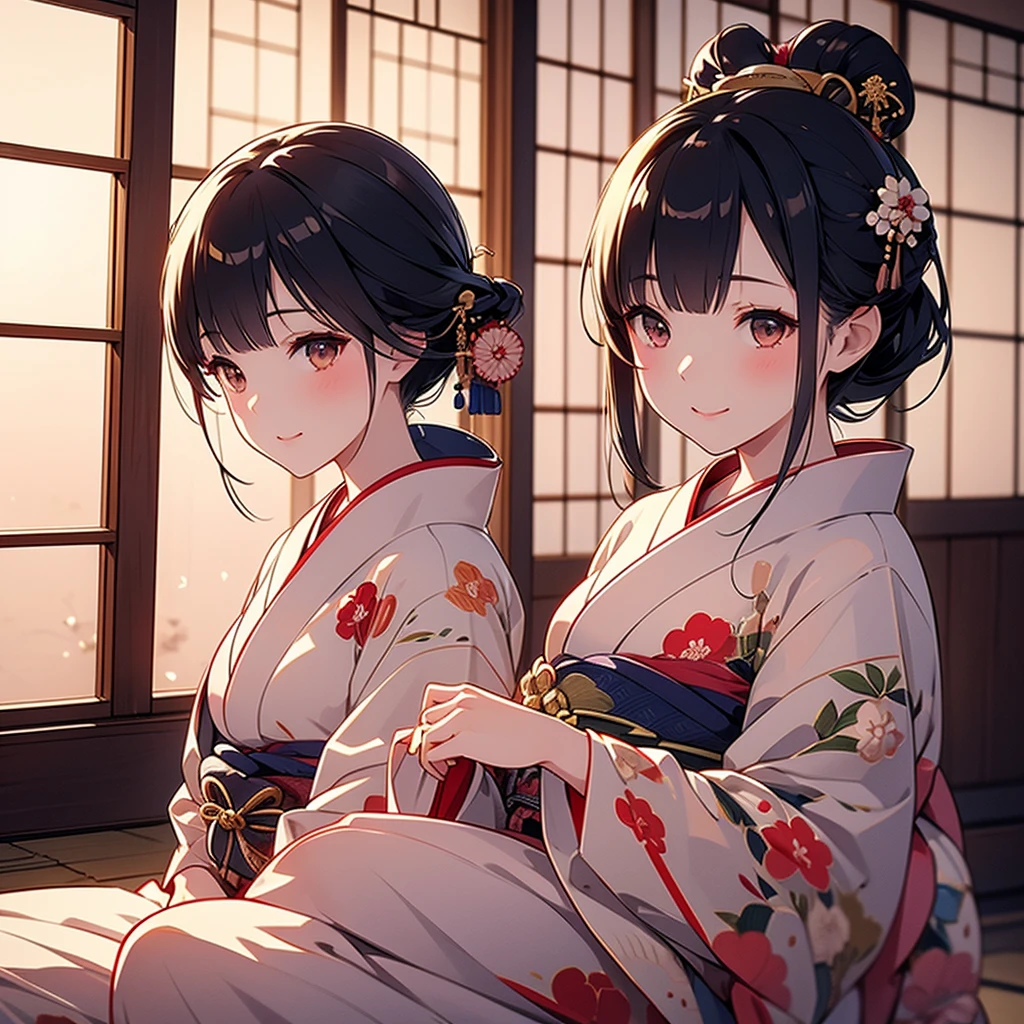 Realistic, alone, Beautiful Japanese Woman, Traditional Kimono, Natural appearance, A kind smile, Impressive Gaze, Traditional hairstyle, Japanese-style room at dusk, Sit by the window, Illuminated by the city lights, (Attractive pose),  Shallow depth of field, Backlight,Highest quality, 