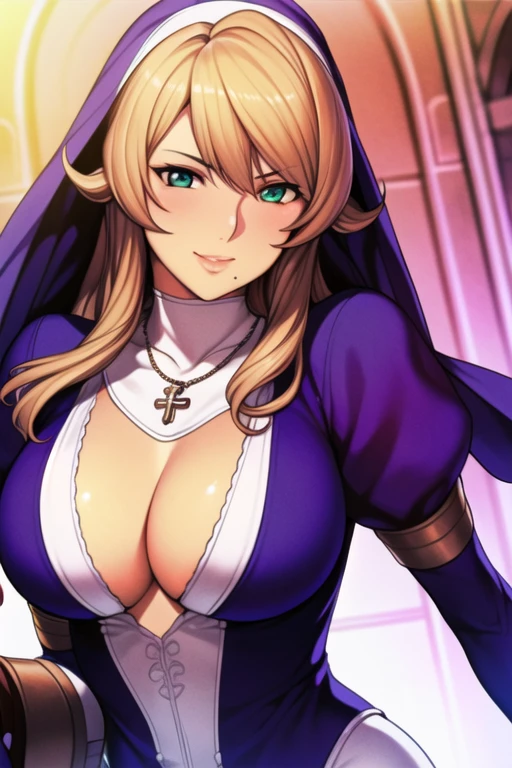 Blurry background,
purple outfit, puffy sleeves, cleavage cutout, cleavage,
nun, jewelry, necklace,
long hair, brown hair, Bangs, green eyes, purple cape on her head, gloves, gold boots,
1 girl, 20yo, Young female, Beautiful Finger, Beautiful long legs, Beautiful body, Beautiful Nose, Beautiful character design, perfect eyes, perfect face, expressive eyes, perfect balance,
looking at viewer, facing the viewer, (innocent_big_eyes:1.0), (smile), blush, full-body, (view from below)
official art, extremely detailed CG unity 8k wallpaper, perfect lighting, Colorful, Bright_Front_face_Lighting,shiny skin, 
(masterpiece:1.0),(best_quality:1.0), ultra high res,4K,ultra-detailed,
photography, 8K, HDR, highres, absurdres:1.2, Kodak portra 400, film grain, blurry background, bokeh:1.2, lens flare, (vibrant_color:1.2),professional photograph, 
(Beautiful,large_Breasts:1.4), (beautiful_face:1.5),(narrow_waist),