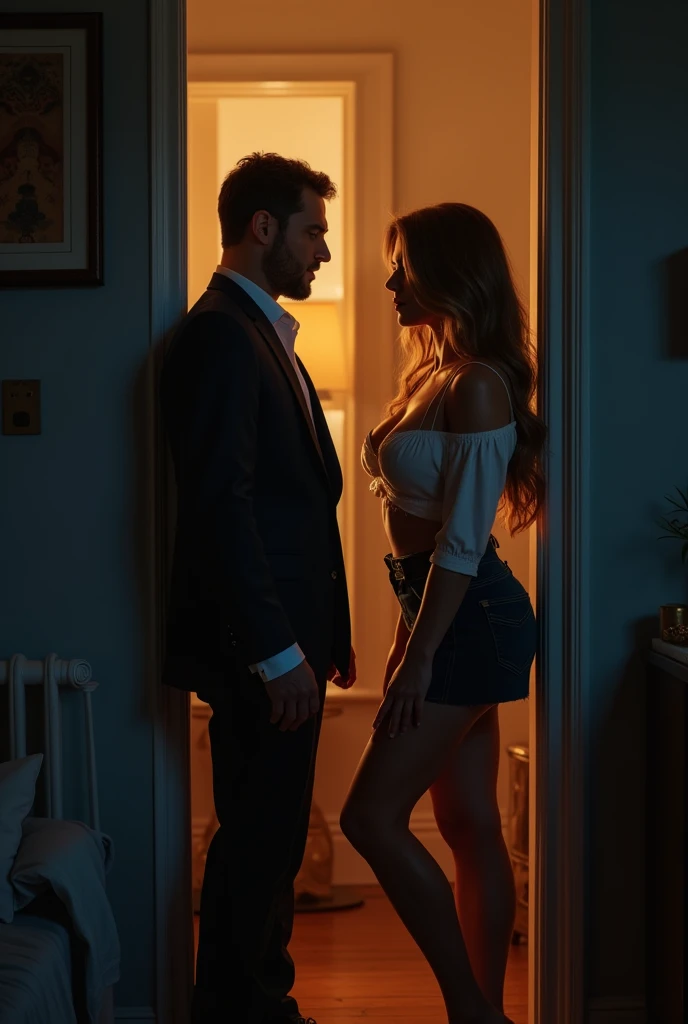 A heterosexual couple staying in a luxurious apartment, behind the window with a beautiful view of the city of Campina Grande at night, at Açude Velho. The man is tall, magro, tem cabelos preto e grande, ondulados e veste camisa preta. The woman is a redhead, usa vestido tomara que caia preto, tem sardas e olhos azuis. He holds the woman&#39;s waist about to kiss her intensely, as she wraps the man with her arms around his neck. The man is taking off her dress while she tries to take off the man&#39;s shirt.
