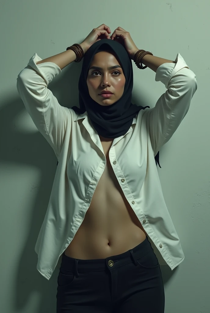 RAW photo,dark,moody,hazy atmosphere,35mm focal lenght,underexposed,cold,candid photograph,artistic,photograph of a beautiful,influencer,30yo Kurdish woman,hijab,detailed skin,fully naked,looking at viewer, candid pose,dim room,blue light, film grain, kodak color, instagram LUT