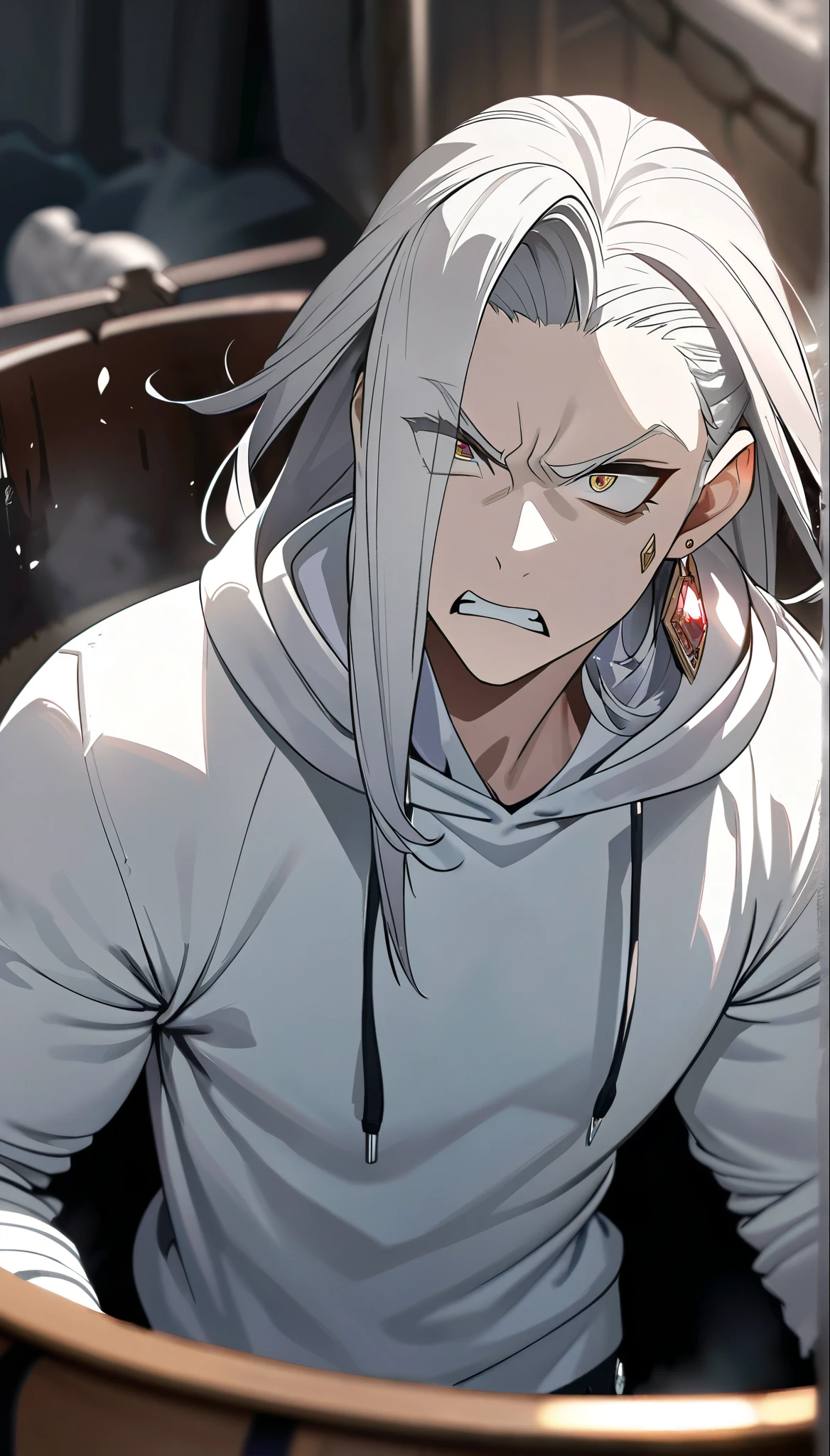 High resolution, Regardant le spectateur, Cheveux Courts, jewels, Earrings, Langue Sortie, VAT, Minimalisme, Anatomie correcte, quality Meilleure, High resolution, Details, HD Model, Fine details, quality, very detailed, white dreadlocks hair, angry, serious, Sourire en Coin, Nosebleed, almond eyes, Lonely, Dilated Pupils, Yeux verts, hoodie, Grain de Film, background blur, Minimalisme, hyperrealism, dilapidated,