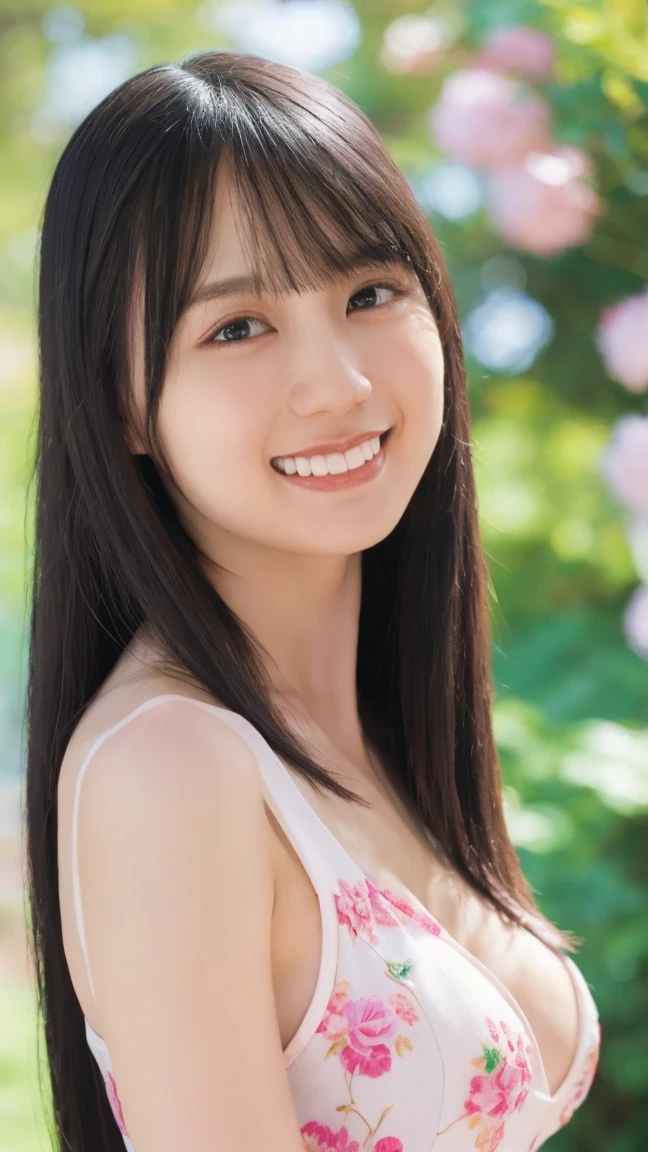 highest quality, High resolution, realistic pictures, detailed skin texture, (e 10 panese girl wearing a short white camisole), (flat chest:1.5), towards the camera, slim body shape, Fair skin, view audience, focus on face, (close up of face:1.2), long straight hair, In the park with cherry blossoms falling, smile showing teeth, (loli:1.2)