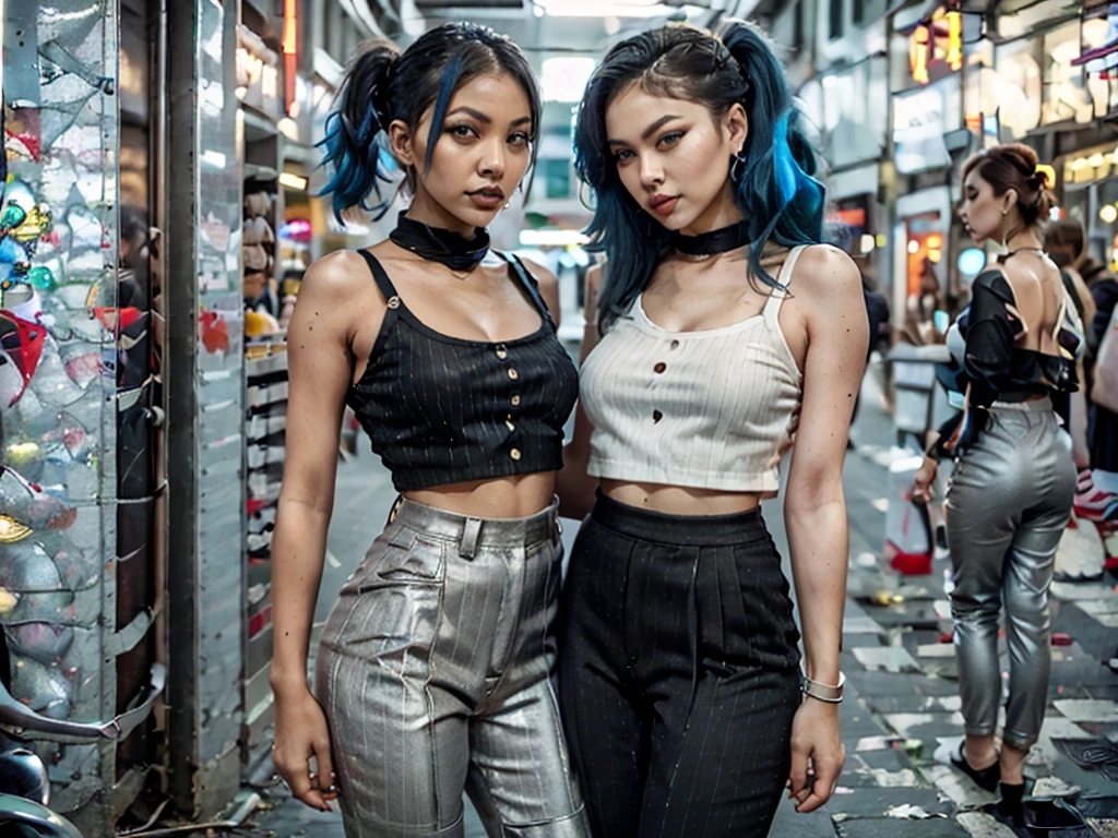 a woman wearing an oversized tailored black pinstripe suit, creased, trousers with cuffs. red trainers, sexy tight t-shirt, transparent striped t-shirt, t-shirt with broad transparent stripes, silver trouser braces, casually glamorous, 1980s underground, post punk vibe. madonna, culture club style. thrift shop jewellery. mixed race nigerian korean woman, blue hair tied up