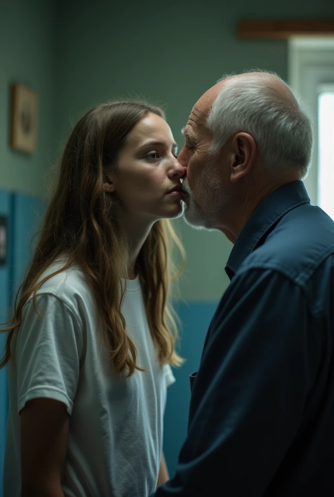 Image of an older man with black hair kissing a young girl on the mouth and holding her waist in a dimly lit hallway.
