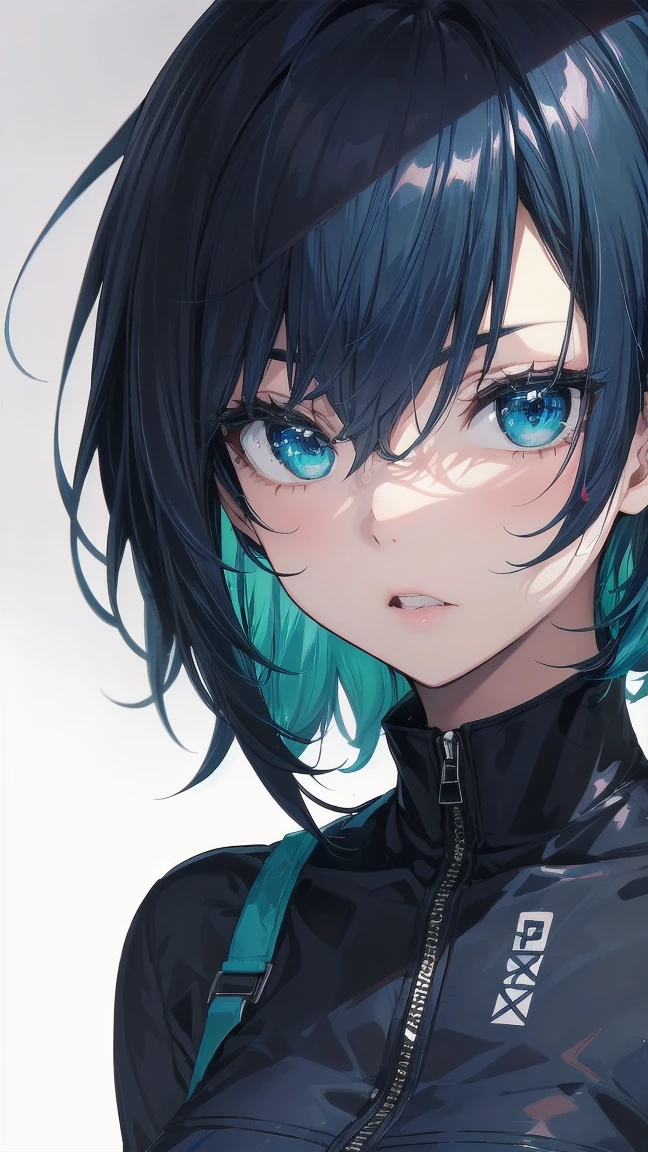 A close-up shot of a girl from a manga, with blue hair and a yellow shirt.,Jinx Face, short hair, hot pants, Small breasts, ((Black Hair, Inner bright blue hair:1.4)), Pitch Resuit, rubber ,Nipples, tits, R18