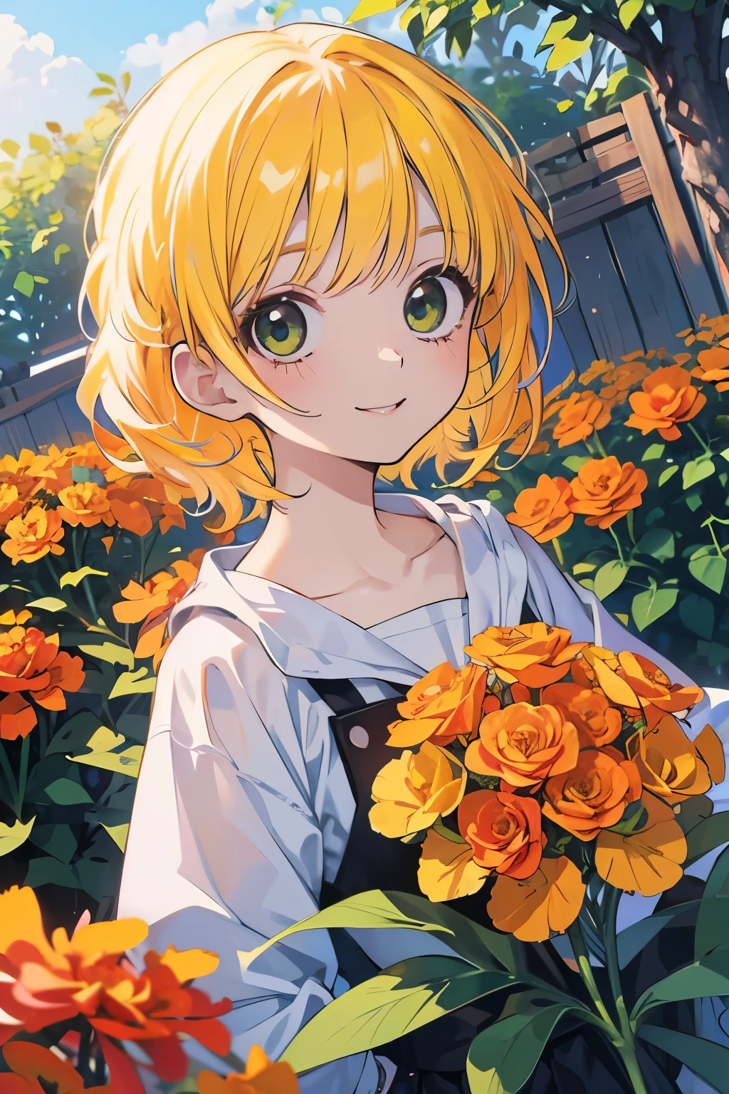 Masterpiece、smile、Anime Girls, Yellow Hair、 Green Eyes、Cute Anime Girls、smile、((marigold))、Lots of roses、fractal art、Gwaiz、garden、Flower garden