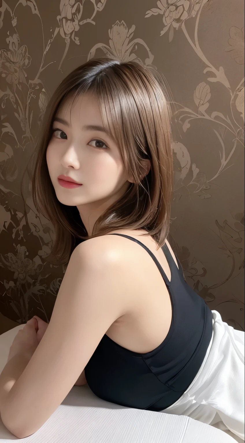 (((Highest quality, 8k wallpaper, Tabletop, Ultra HD: 1.3))), Women in reality、A woman around 2,Japanese women、(Perfect body composition 2)), ((Beautiful attention to detail, Natural color lip、Beautiful face、Gaze looking at the camera、Glowing Skin、Beautiful skin quality、Lip gloss)), ((Short Bob、Cute Hairstyles)), Sporty shorts, Lying face down in bed, Back view, Show your ass,