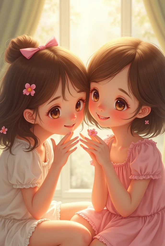 Mother and daughter with matching bows in their hair, wearing dresses, very happy and smiling together. A cute and inspiring image.