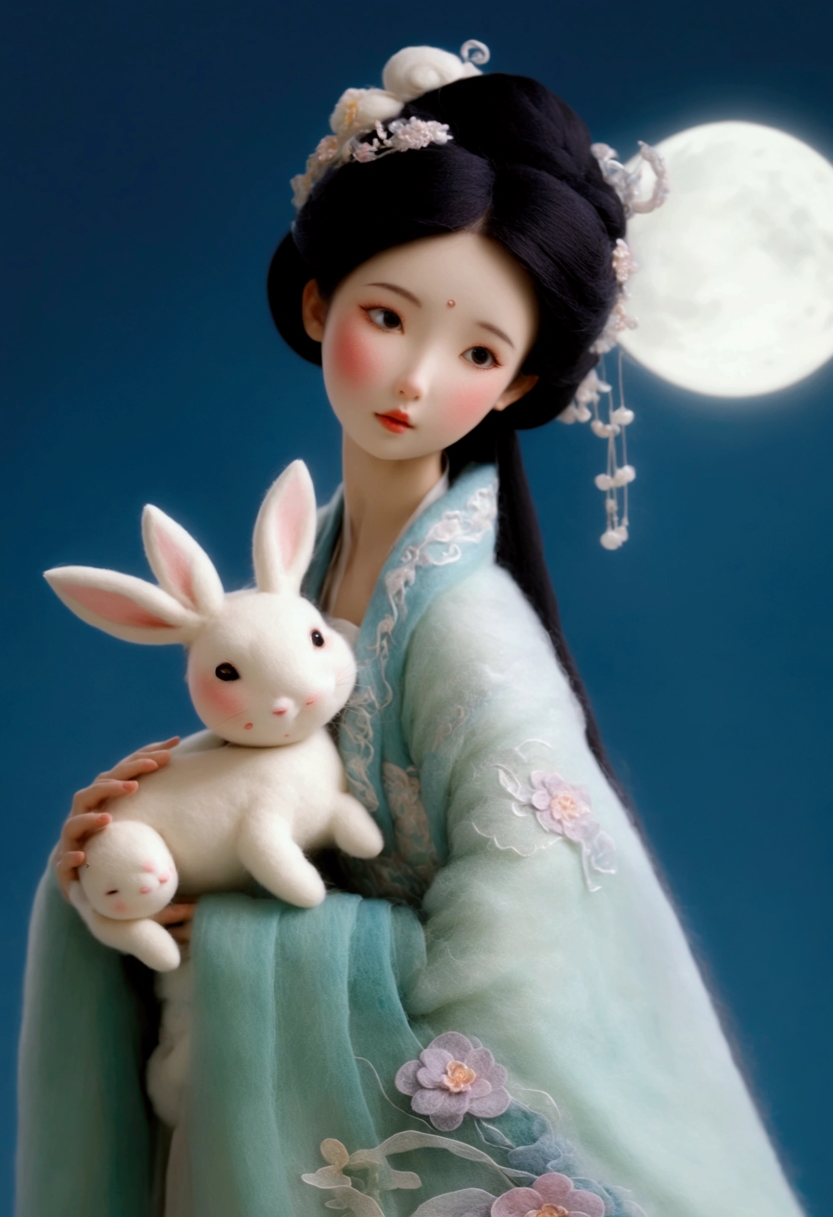 Felt style，a stunning Chinese beauty dressed in elaborate Hanfu attire. the girl hold a white Rabbit in her arms. background is The round and brigh moon, casting a celestial glow on the scene. The Hanfu dress should be rich in color and detail, exuding a sense of traditional elegance,in the style of dynamic animered threads,romatic,dreamy,ultra-realistic,ultra-detailed. best quality, ultra detailed, 8k，Felt texture