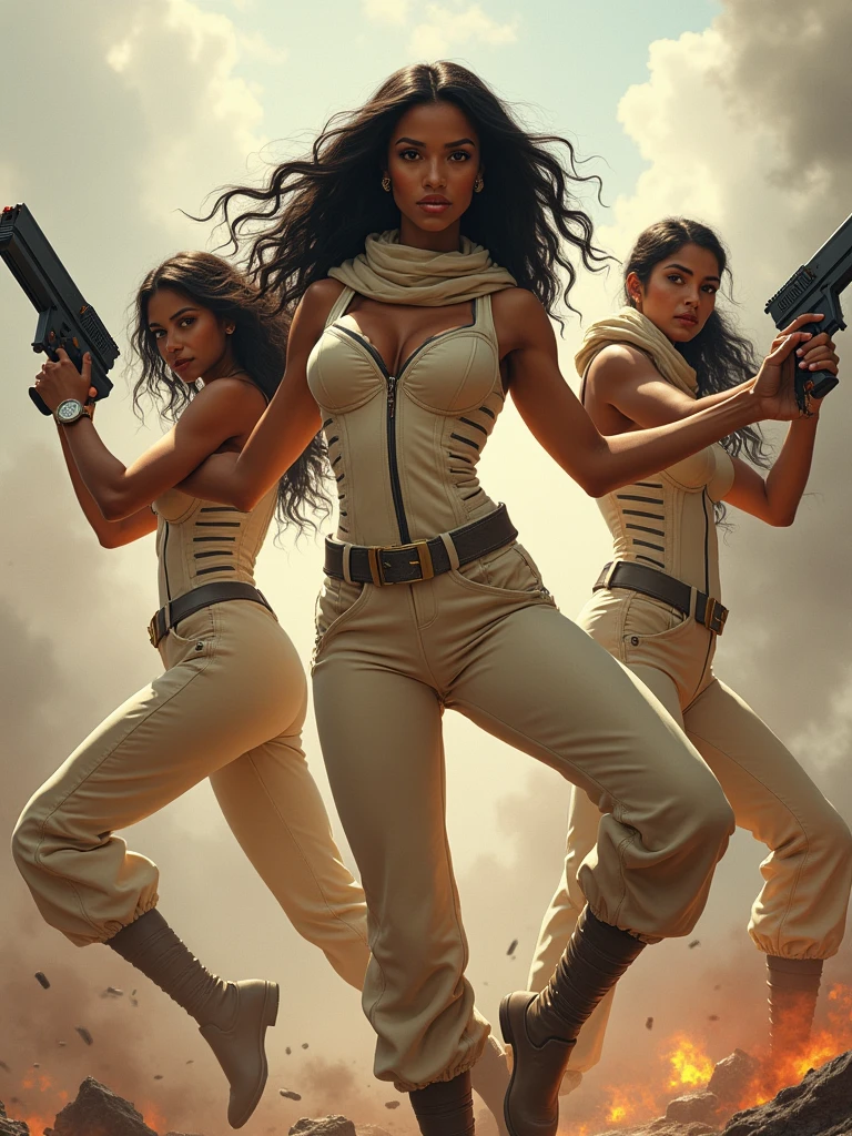 3 women, an photograph of three women smiling at eachother. The first is a female gun slinger with pixie cut dark hair. The second is a ((native american woman with dark skin)), long flowing black hair, dark skin. The third is a blonde, medium length, with blue eyes and chubby cheeks.
