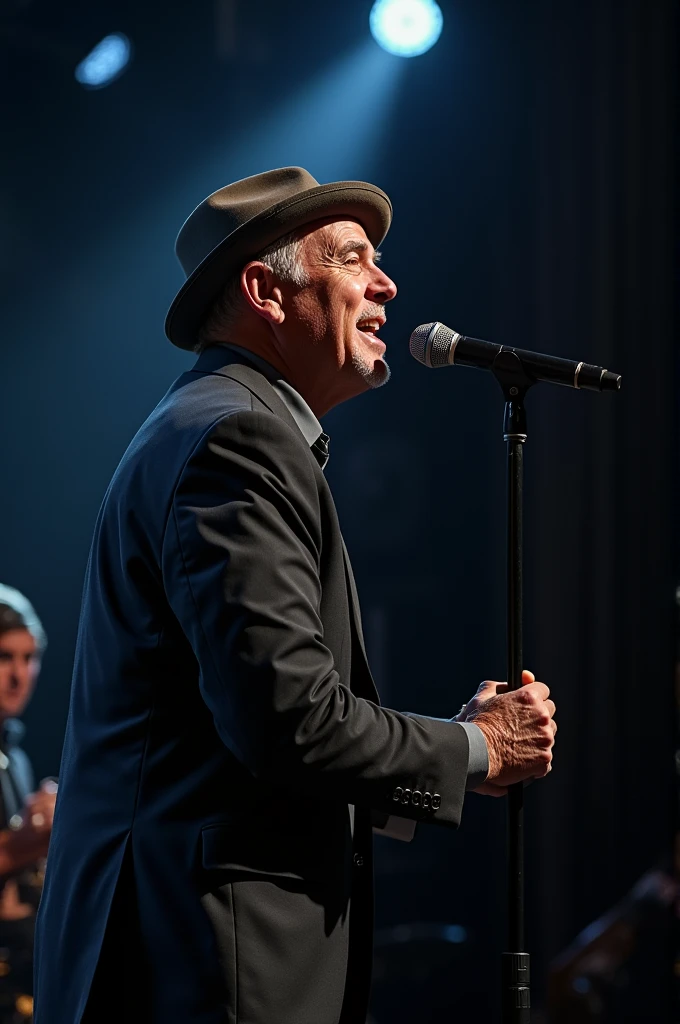 One man in suit pant and with cap singing on stage on mic
