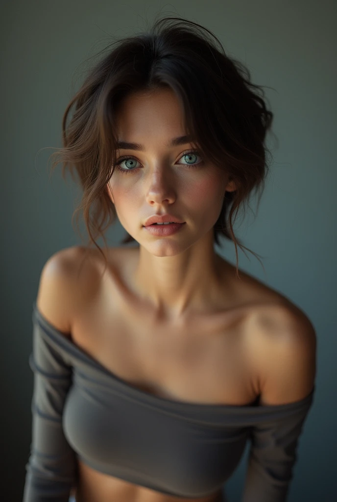 (((ultra realistic))) Photo, masterpiece, top quality, (pale skin), (Ultra detailed face and eyes:1.3), 1 girl, Adult, in a T-shirt, (Eye makeup, mascara) , ((large detailed lips)), ((ash wavy hair)), ((Chyolka)) , (Natural breasts), angles bob hair cut, auburn hair parted to one side, Slim waist. ((Posing)), photoshoot, studio (soft lighting), (The play of light and shadows), depth of field, bokeh, (special attention to skin detail: 1.2), Detailed leather texture, skin pores. (Airy atmosphere of the frame. Color range - delicate, Bright, white, Pink tones), UDR, ((Film grain)), ((rays)), ((glare of the sun)), ((waist up portrait, close to the camera)) , ultra detialed, 