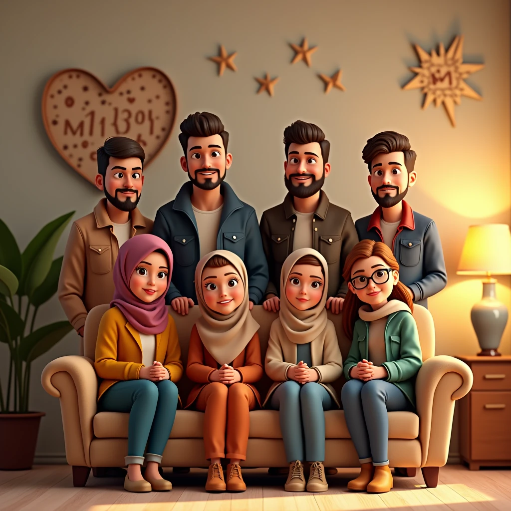 (3 hijabless male sitting), (3 hijabbed females sitting), caricaturized, cute face, casual fashion, fantasy art, happy expression, extreme detail, masterpiece, cinematic lighting, 4k, indoor background