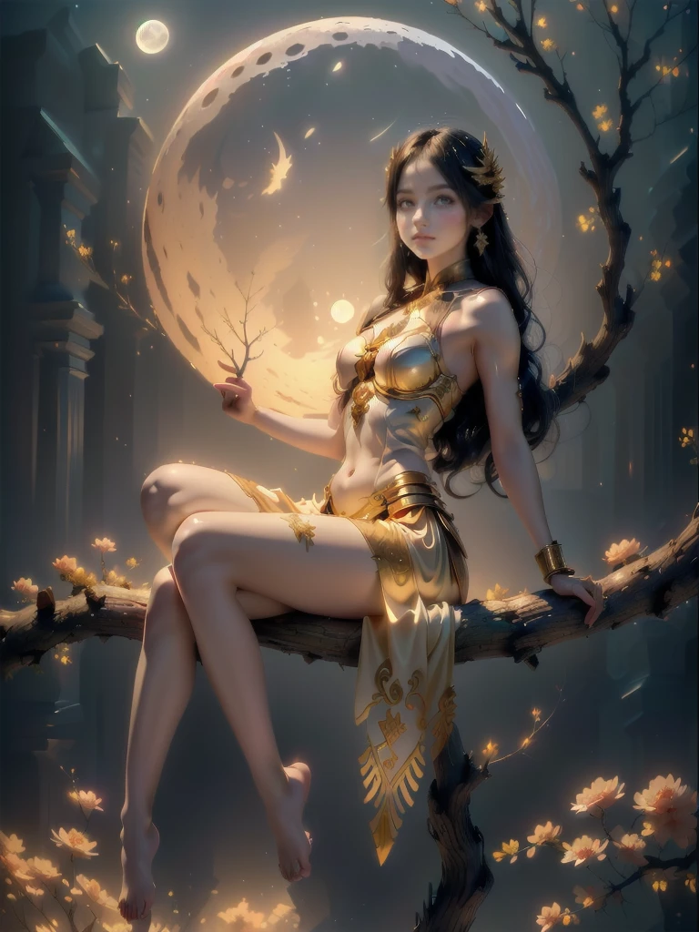 arafed woman sitting on a tree branch in front of a full moon, beautiful fantasy maiden, beautiful fantasy art, very beautiful fantasy art, beautiful maiden, beautiful art uhd 4 k, karol bak uhd, beautiful digital artwork, 4k fantasy art, fantasy art style, 8k stunning artwork, beautiful gorgeous digital art, beautiful digital art, fantasy woman,  (tan, muscular, , ite, chi toddlerschibi, sd character:1.1)