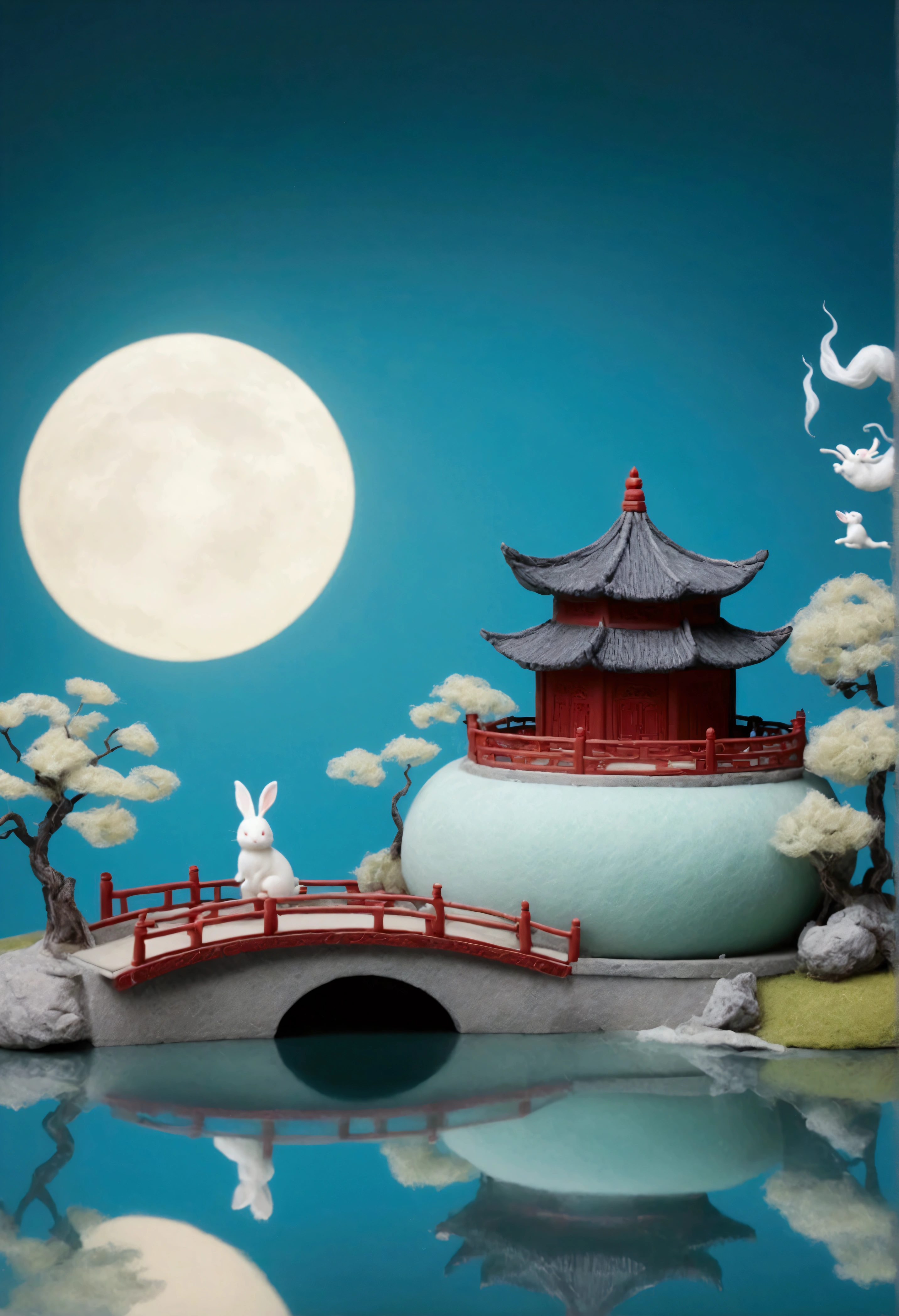 Guanghan Palace，Felt texture，Chinese Mythology，There are traditional Chinese buildings on the round moon，3D cartoon miniature scene, with a calm water surface background, blue water surface，The moon reflected in the water，A white rabbit