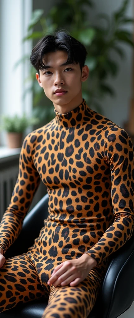 one guy, a 2 boy, handsome, his skin is a tropical Latin color, white hair with a bowl cut, he is in a side position, he is naked, we can see his body and his buttocks, he holds a jaguar skin to keep warm from the cold, he is in the middle of the Amazon at night