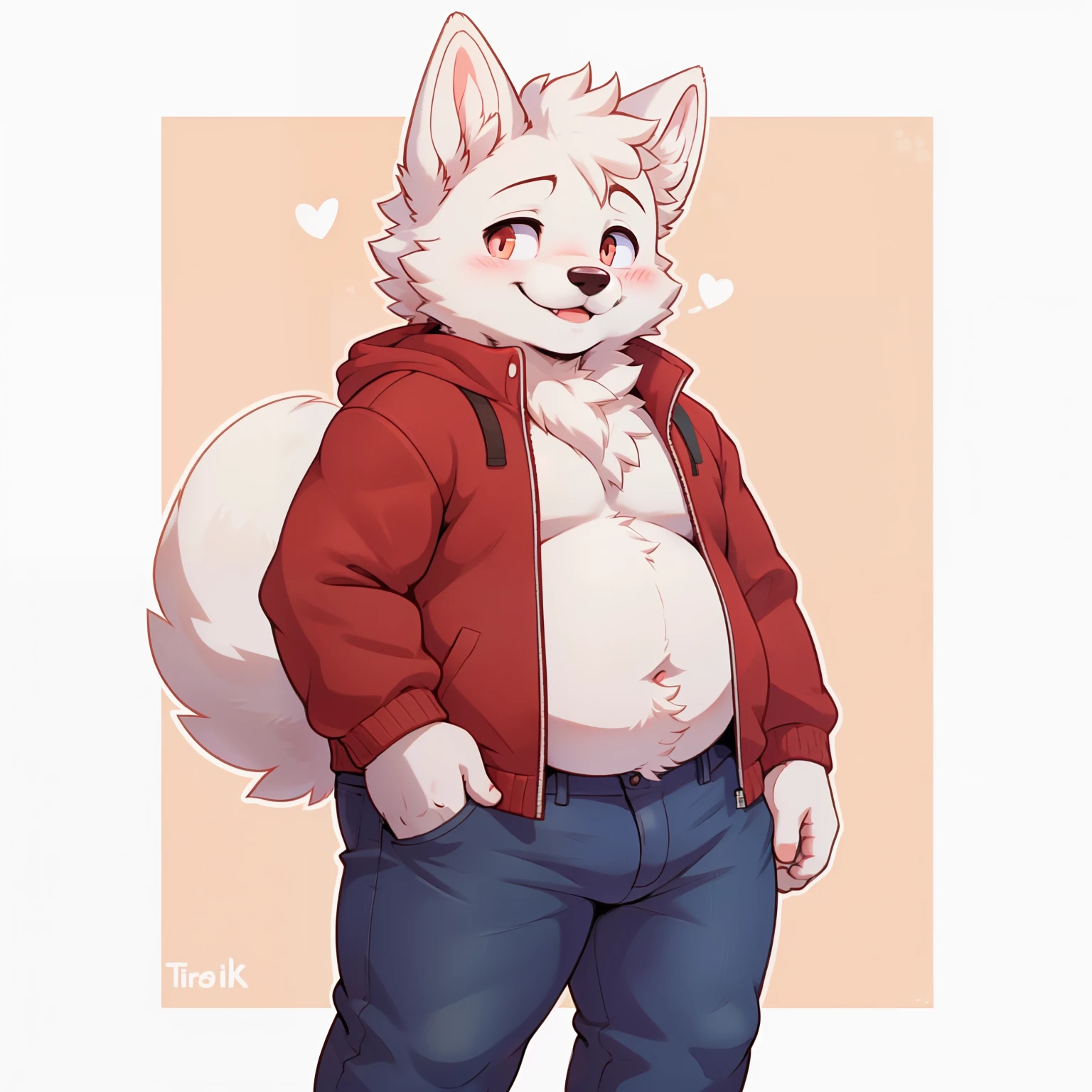 By bebebebebe, by lostgoose, by goonie-san, solo, male, standing, white knit sweater with heart on it, oversized sweater, blue briefs, (hair, snout), australian shepherd, smiling, happy, happy tail, huge bulge
