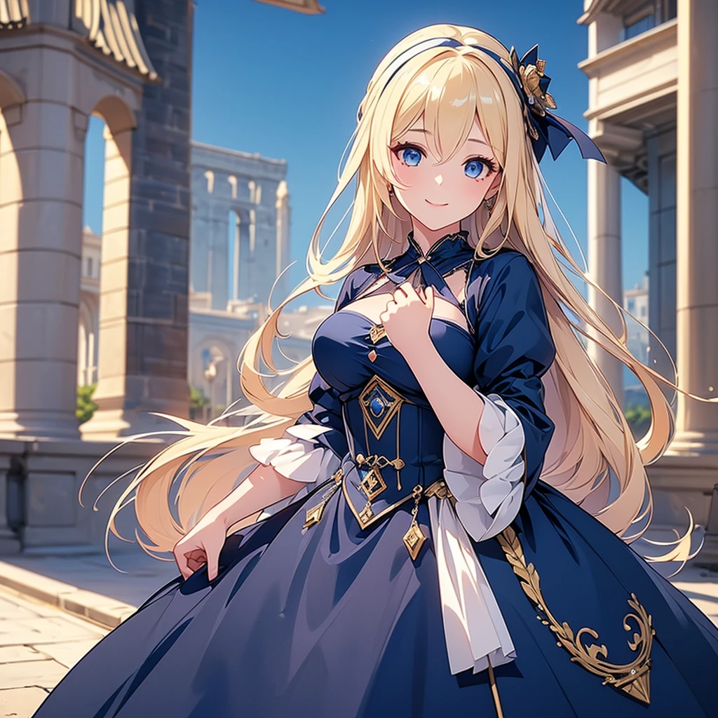 ((Highest quality)), ((masterpiece)) 、One Girl, masterpiece, (High resolution), original, extremely detailed 8K , (Photorealistic:1.4),Blue eyes ,Symmetrical body type,smile, Medieval European style street、dark blue dress、smile, Blonde, Large Breasts, 