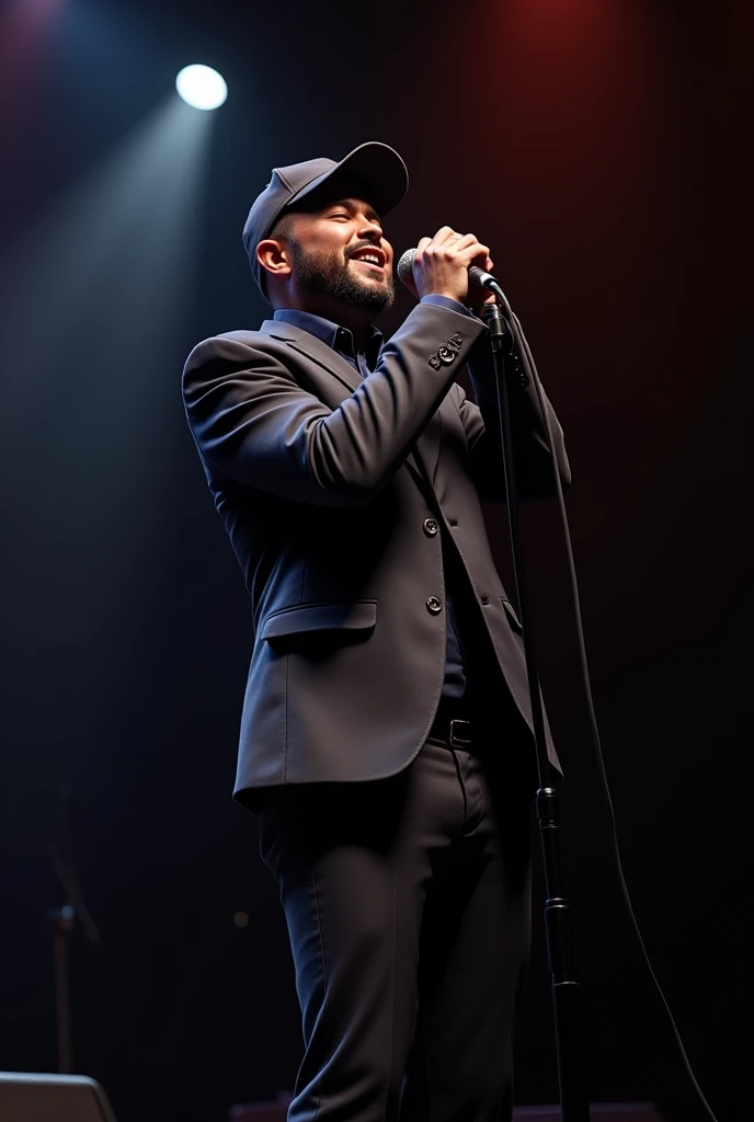 One yong man in suit pant and with cap singing on stage on Mic with closed eyes