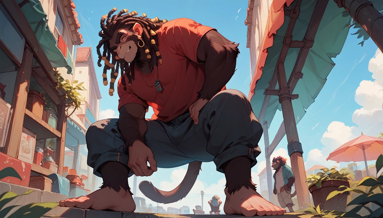 furry, male, monkey, dreadlocks hair, doing parkour, barefoot, sole visible, low angle view